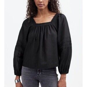Madewell Top Black Square Neck Puff Sleeve Blouse Size XXS